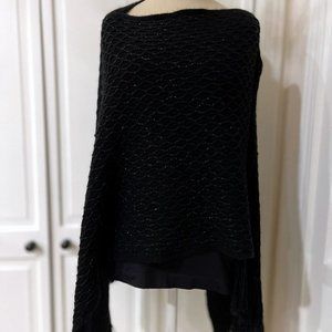 Look Poncho Sweater Womens Black Metallic Boat Neck Pullover Fringed Sides OS